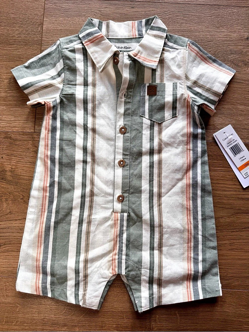 Calvin Klein Striped Romper in White & Green Baby 12M NWT